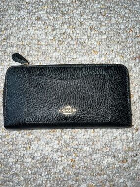 Coach Black Leather Zip Wallet with Gold Logo Trim